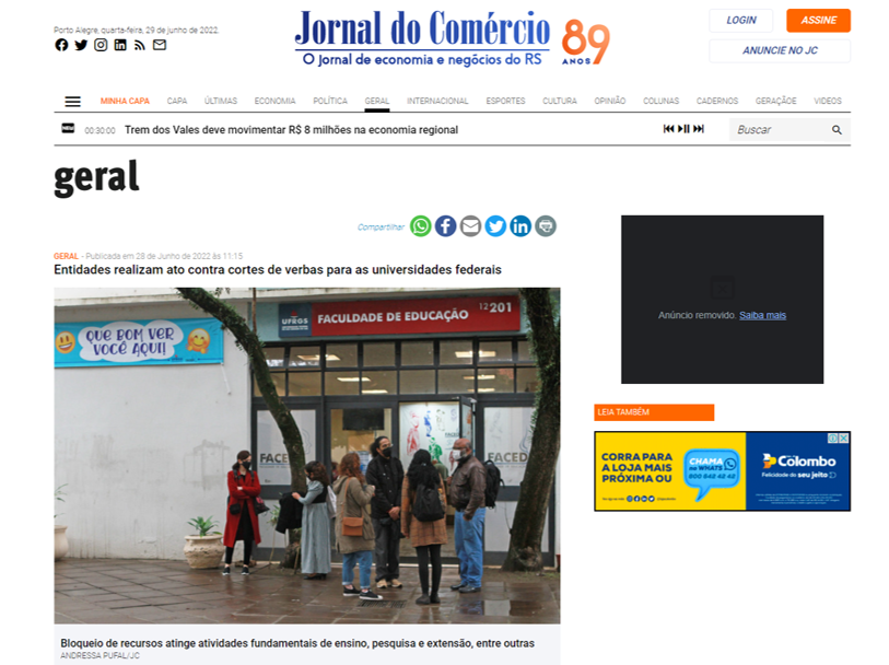 Jornal do Comércio: Entidades realizam ato contra cortes de verbas para as universidades federais