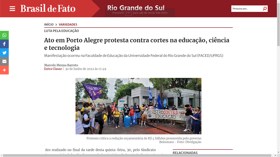 Brasil de Fato RS: Ato em Porto Alegre protesta contra cortes na educação, ciência e tecnologia