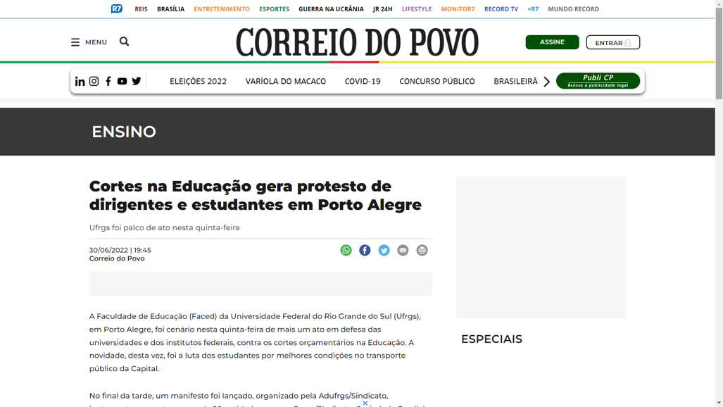Correio do Povo: Cortes na Educação gera protesto de dirigentes e estudantes em Porto Alegre