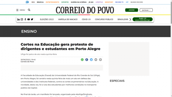Correio do Povo: Cortes na Educação gera protesto de dirigentes e estudantes em Porto Alegre