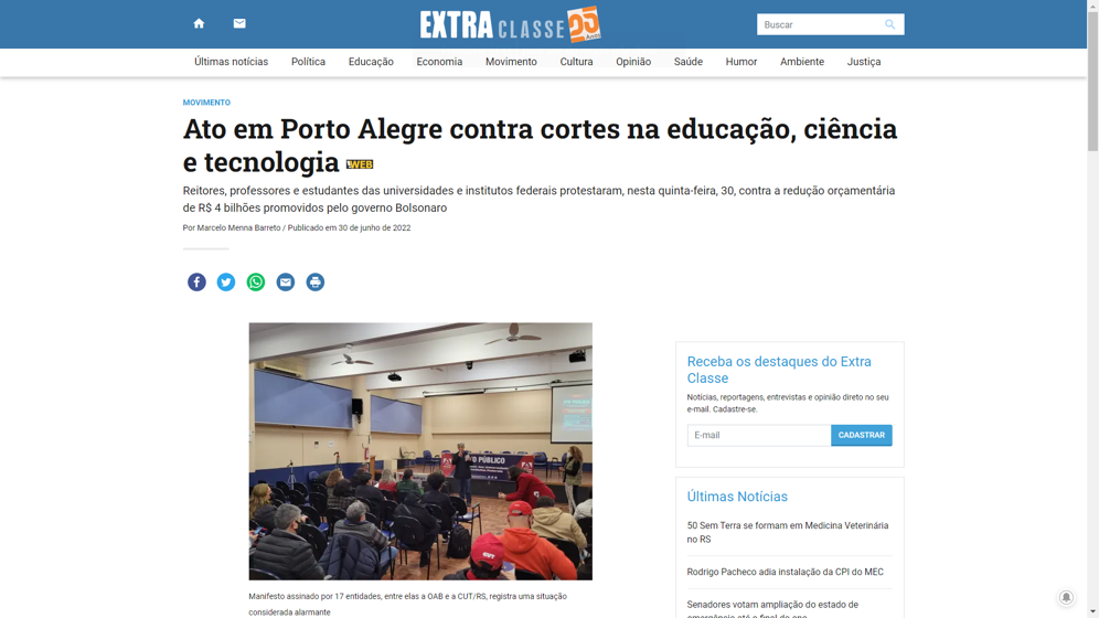 Extraclasse: Ato em Porto Alegre contra cortes na educação, ciência e tecnologia 