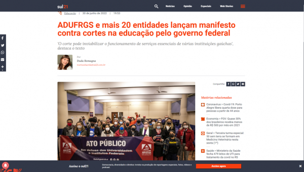 Sul 21: ADUFRGS e mais 20 entidades lançam manifesto contra cortes na educação pelo governo federal