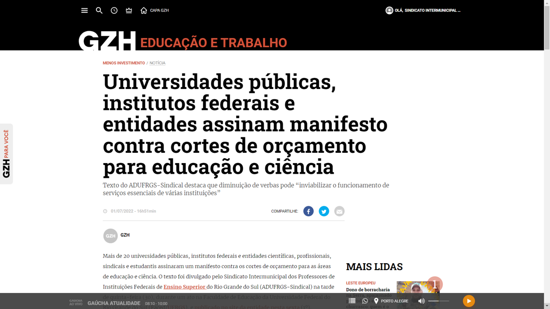 GZH: Universidades públicas, institutos federais e entidades assinam manifesto contra cortes de orçamento para educação e ciência