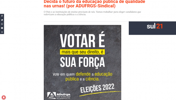 Campanha da ADUFRGS-Sindical pelo voto em favor da educação no Sul 21