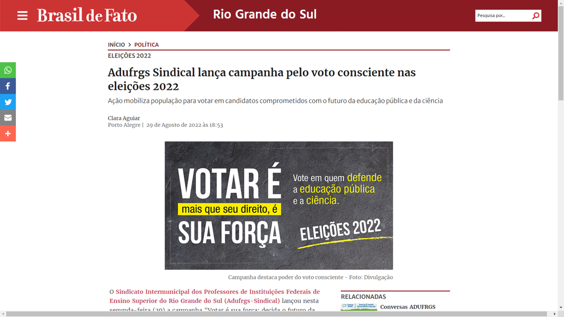 Brasil de Fato RS: ADUFRGS-Sindical lança campanha pelo voto consciente nas eleições 2022