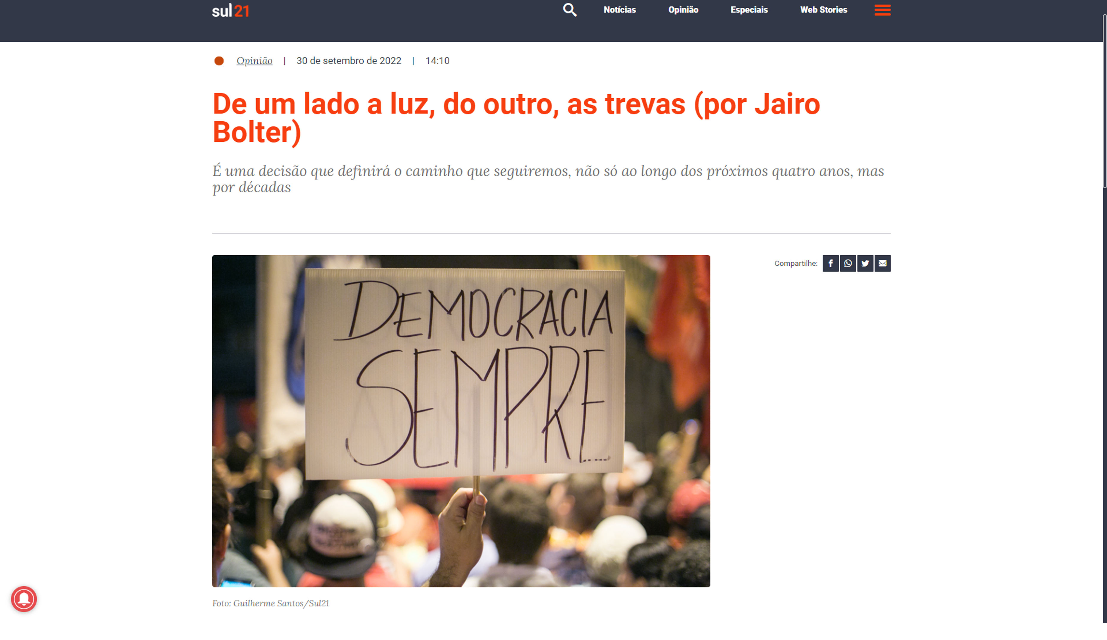 Artigo: De um lado a luz, do outro, as trevas 