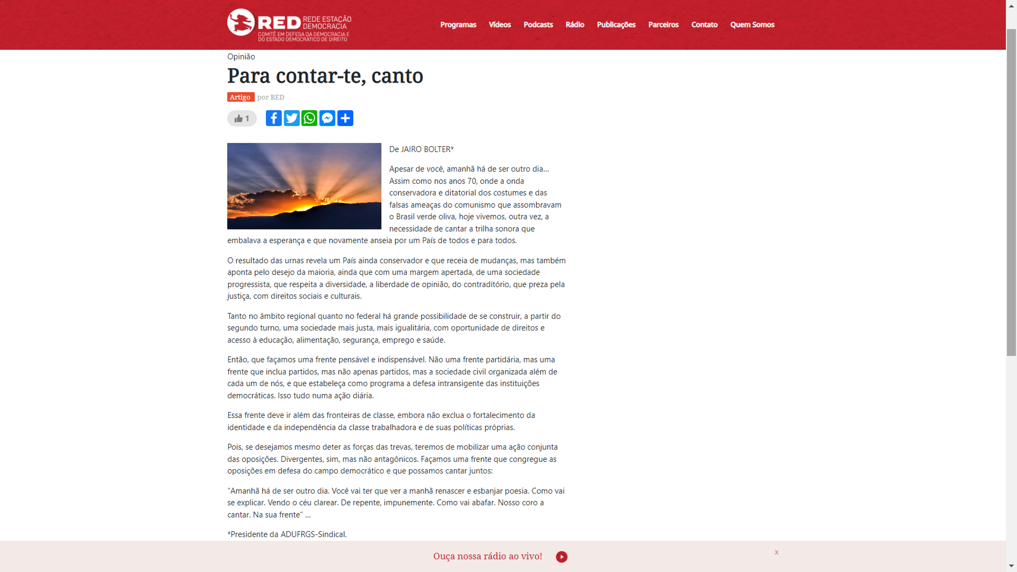 Artigo: Para contar-te, canto (Por Jairo Bolter)