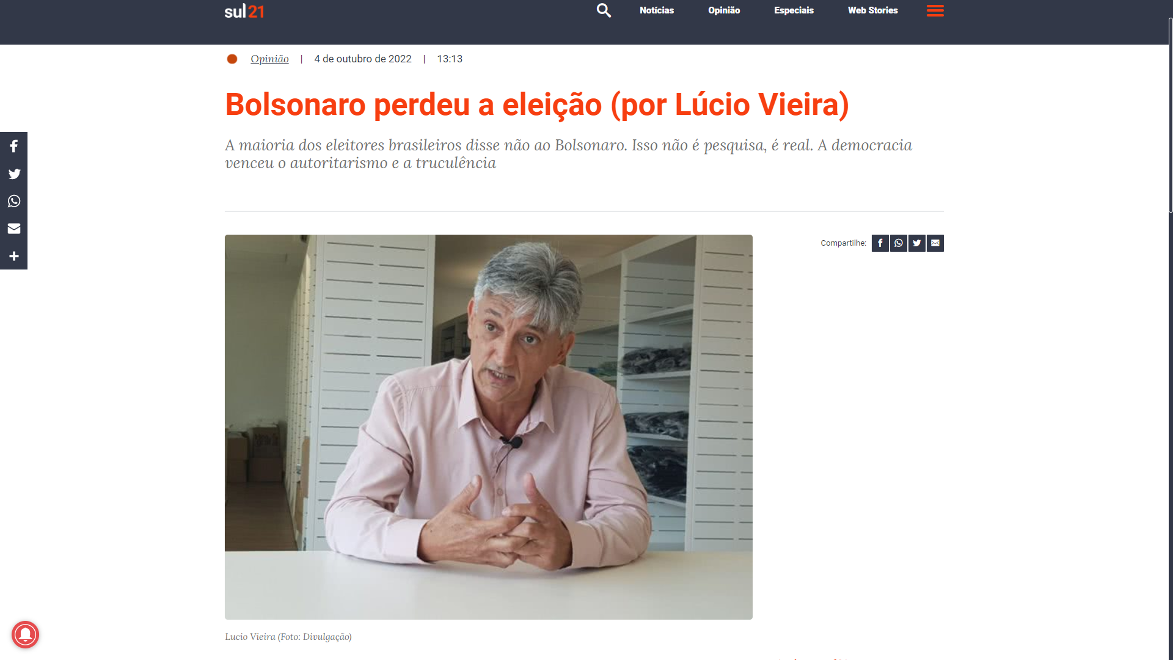 Artigo: Bolsonaro perdeu a eleição (por Lúcio Vieira)