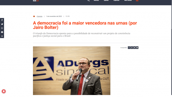 Artigo no Sul 21: A democracia foi a maior vencedora nas urnas (por Jairo Bolter)