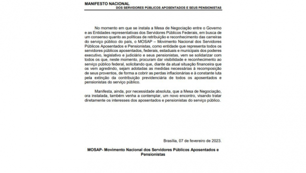 MOSAP divulga manifesto cobrando participação da entidade em mesa de negociação com o governo