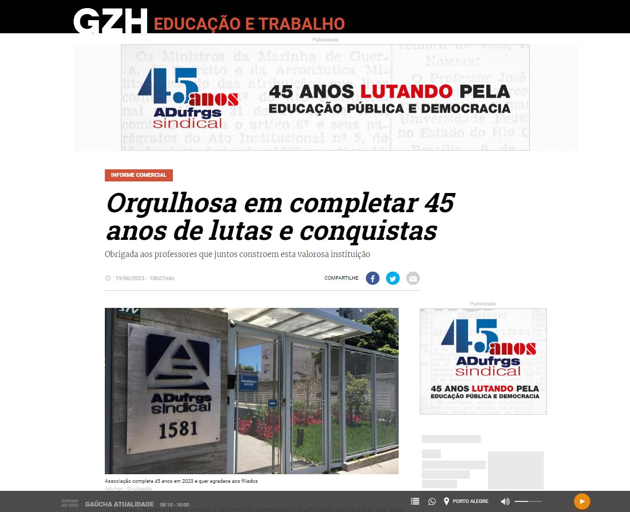 GZH: Orgulhosa em completar 45 anos de lutas e conquistas
