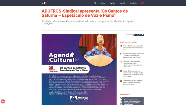 Sul21: ADUFRGS-Sindical apresenta ‘Os Cantos de Saturna – Espetáculo de Voz e Piano’