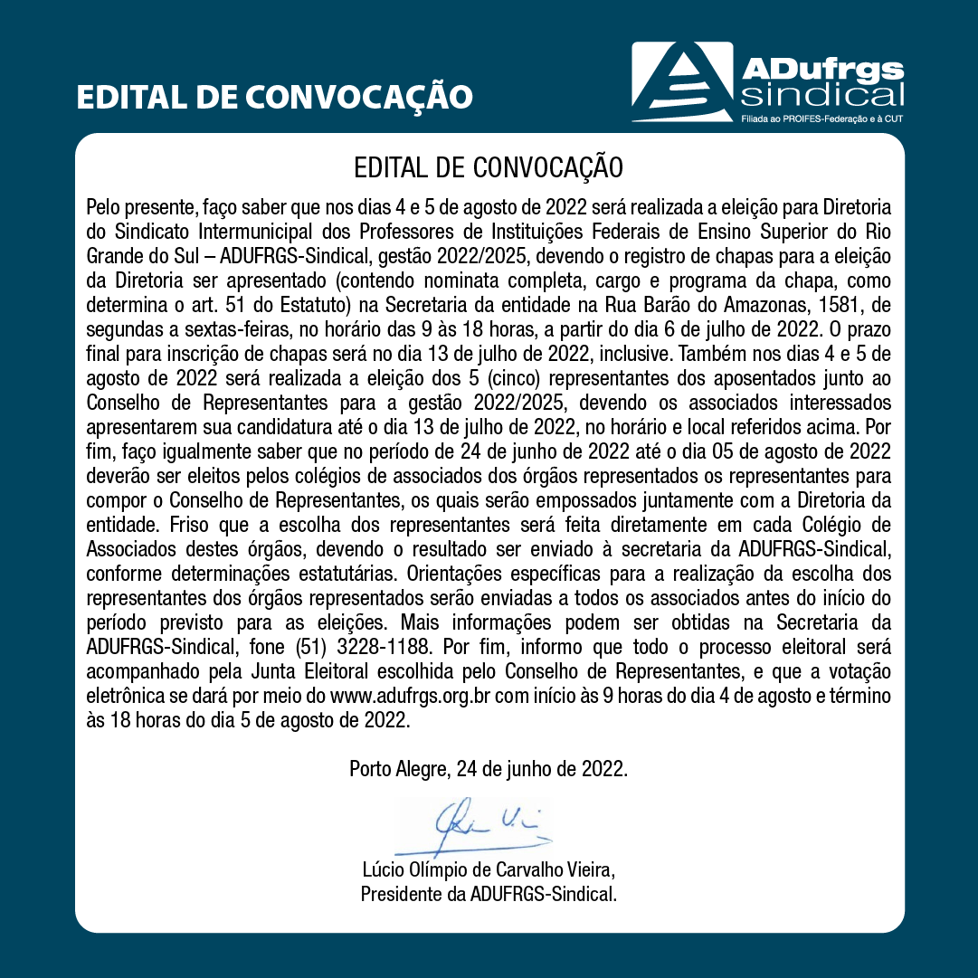 ADUFRGS-Sindical divulga edital de convocação para eleições da gestão 2022/2025