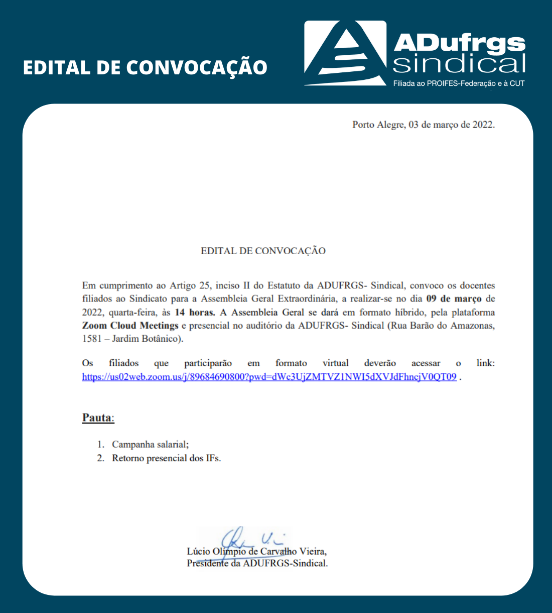 ADUFRGS-Sindical conclama filiados/as a participar da Assembleia Geral Extraordinária dia 9 de março, às 14h