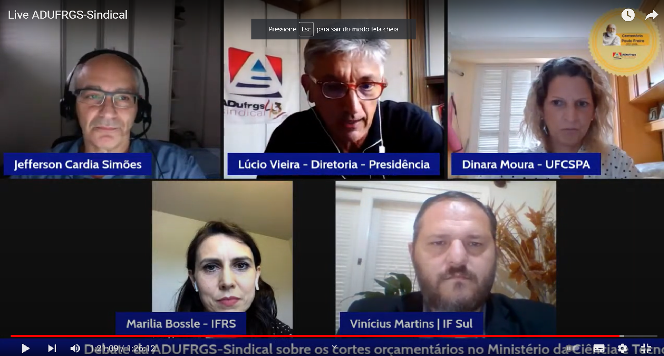 Live da ADUFRGS-Sindical debate cortes orçamentários no Ministério da Ciência e Tecnologia