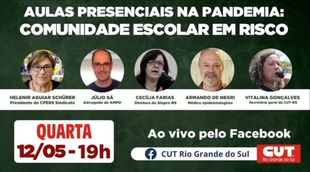 CUT-RS promove live sobre aulas presenciais e riscos da comunidade escolar