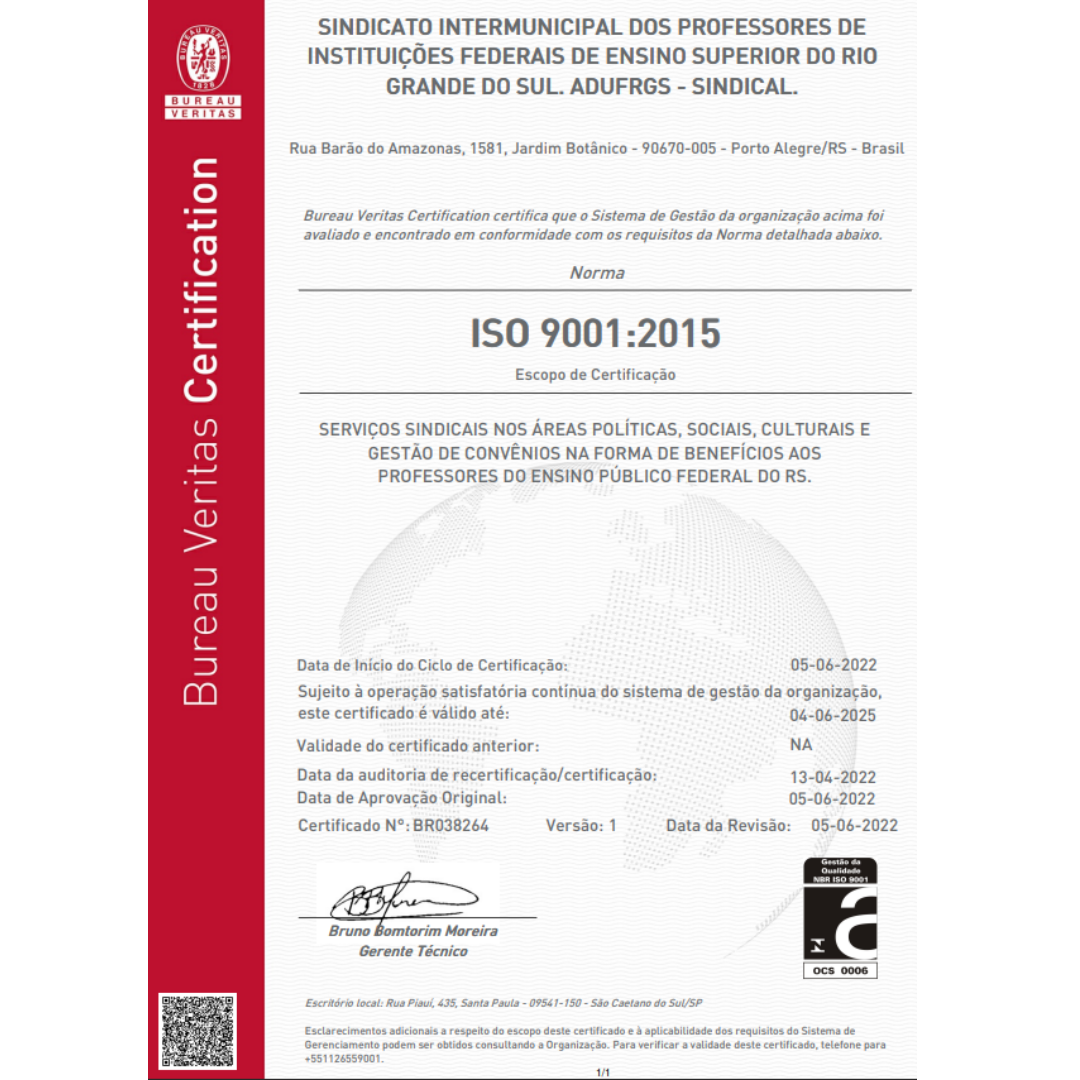 ADUFRGS-Sindical recebe o selo de certificação da ISO 9001:2015